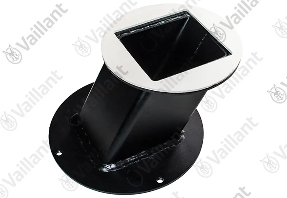 Vaillant Adapter mit quadratischem oberen Anschluss und runder Basis, geeignet zur Befestigung an einer Oberfläche. Schwarz lackierte Oberfläche mit verchromtem Rand.